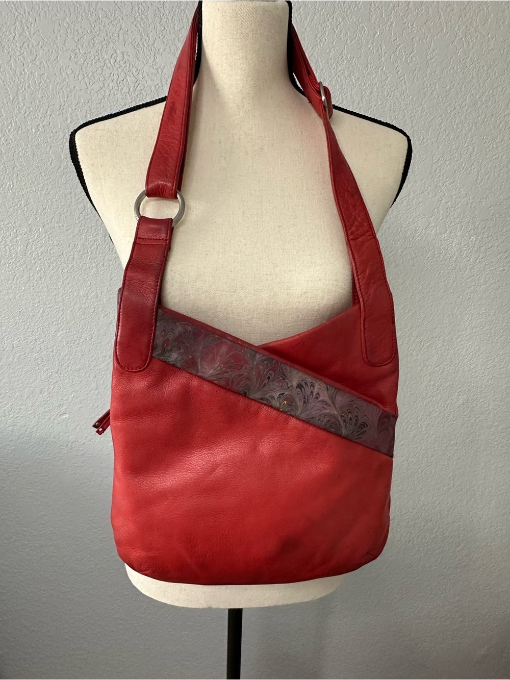 Solace Red Leather Hobo Bag Slouchy Adjustable Crossbody Paisley Boho Whimsigoth